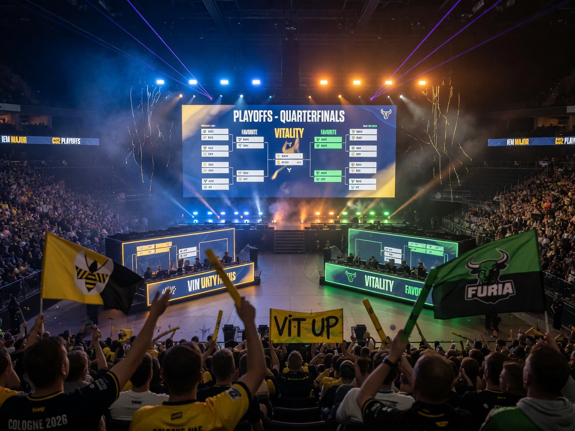 Packed Cologne arena during IEM Cologne Major 2026 CS2 playoffs, wide-angle view of the